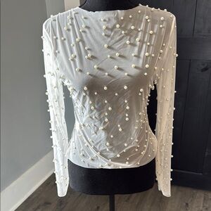SHEIN Sheer White Pearl-Embellished Top